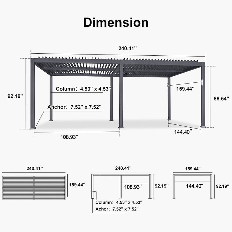 PURPLE LEAF Outdoor Louvered Pergola Patio Sun Shade Shelter with Adjustable Hardtop Patio Pergola Grey