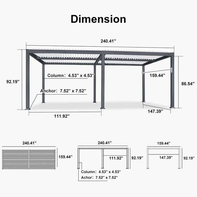 PURPLE LEAF Outdoor Louvered Pergola Patio Sun Shade Shelter with Adjustable Hardtop Patio Pergola Gray Frame White Roof