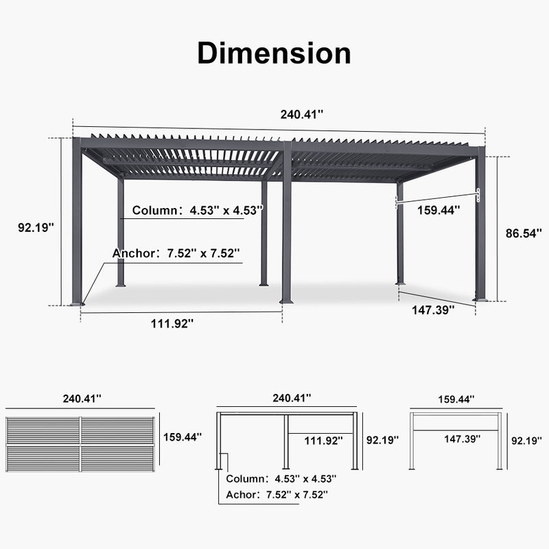 PURPLE LEAF Outdoor Louvered Pergola Patio Sun Shade Shelter with Adjustable Hardtop Patio Pergola Grey