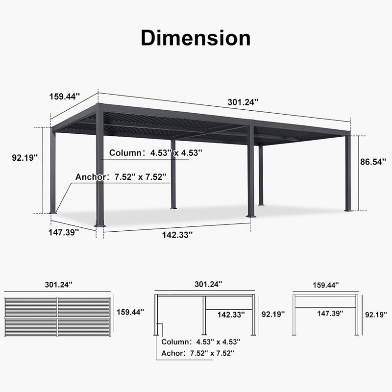 PURPLE LEAF Outdoor Louvered Pergola Patio Sun Shade Shelter with Adjustable Hardtop Patio Pergola Grey