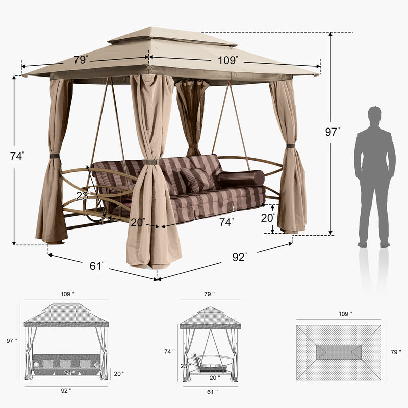 PURPLE LEAF 3 Person Patio Porch Swing with Netting Curtains, Daybed is Adjustable, Beige