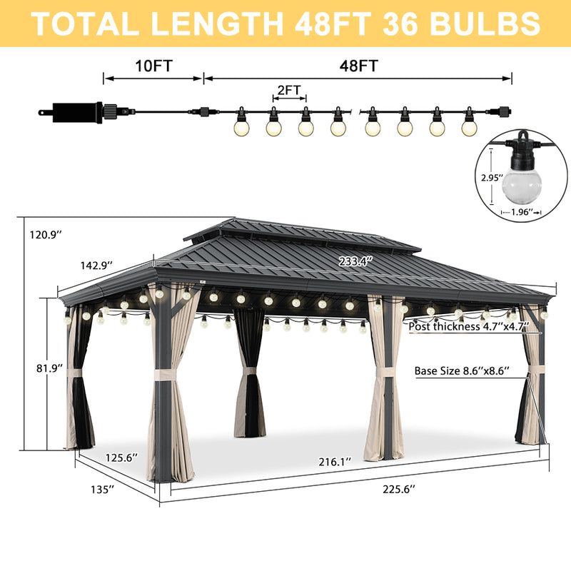 PURPLE LEAF Outdoor Hardtop Gazebo for Patio Grey Aluminum Frame Pavilion with Khaki curtains and String Lights