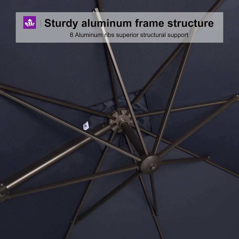 Cantilever patio umbrella sturdy aluminum frame structure with 8 ribs for support, navy canopy.