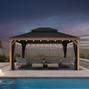 PURPLE LEAF Hardtop Gazebo for Patio Wood Grain Galvanized Steel Frame Awning with String Lights-milky