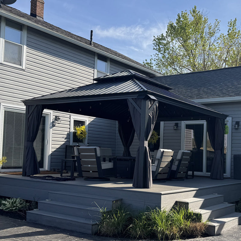 PURPLE LEAF Patio Gazebo for Backyard Grey Hardtop Galvanized Steel Roof Awning with Upgrade Curtain