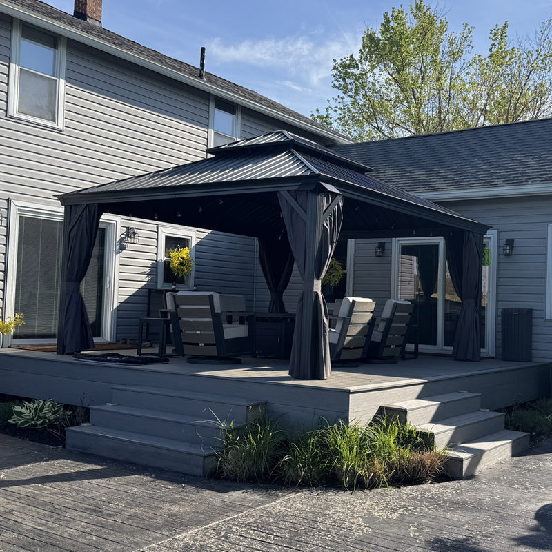 PURPLE LEAF Patio Gazebo for Backyard Grey Hardtop Galvanized Steel Roof Awning with String Lights-clear