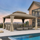 PURPLE LEAF Backyard Gazebo Champagne Hardtop Galvanized Steel Roof Awning and Upgrade Curtain