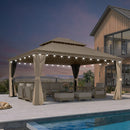 PURPLE LEAF Backyard Gazebo Champagne Hardtop Galvanized Steel Roof Awning and Upgrade Curtain with Lights-milky