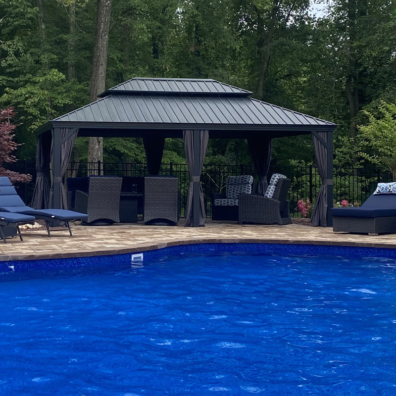 PURPLE LEAF Patio Gazebo for Backyard Grey Hardtop Galvanized Steel Roof Awning with String Lights-clear