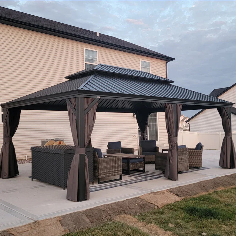 PURPLE LEAF Patio Gazebo for Backyard Grey Hardtop Galvanized Steel Roof Awning with Upgrade Curtain