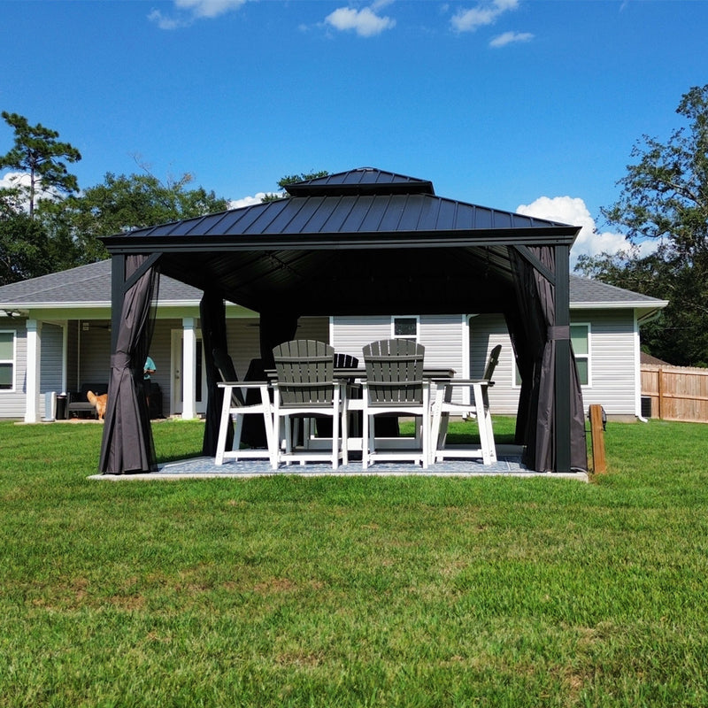 PURPLE LEAF Patio Gazebo for Backyard Grey Hardtop Galvanized Steel Roof Awning with String Lights-clear