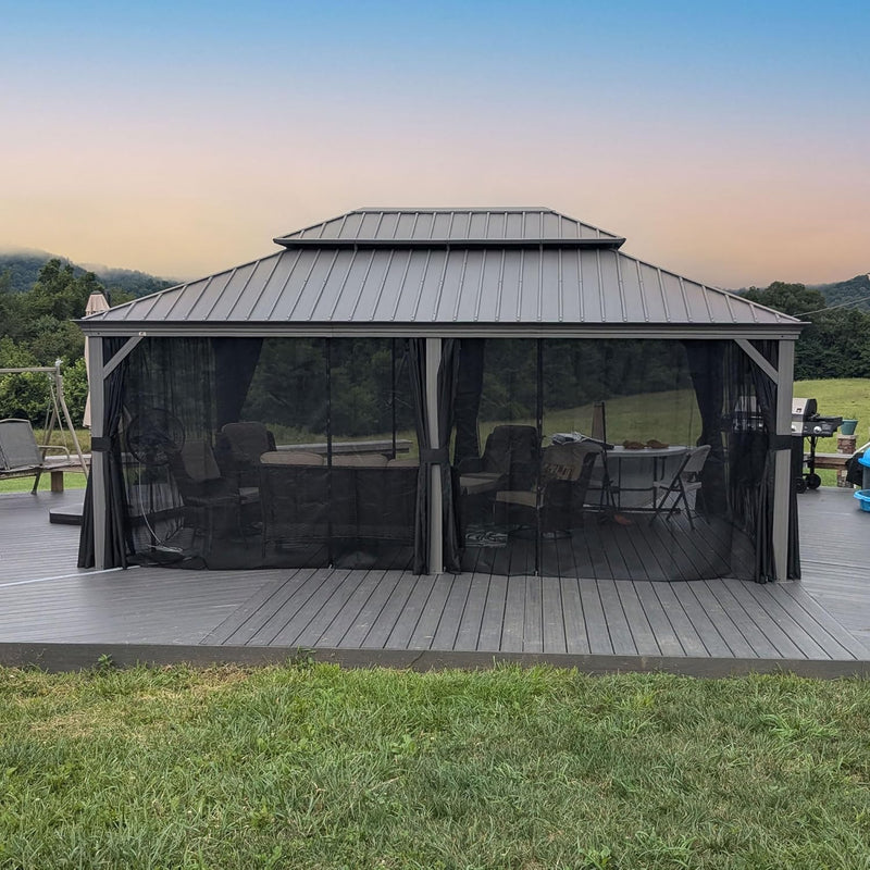 PURPLE LEAF Patio Gazebo for Pool Light Grey Hardtop Galvanized Steel Roof with String Lights