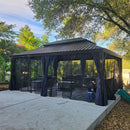 PURPLE LEAF Outdoor Hardtop Gazebo for Patio Bronze Aluminum Frame Pavilion with Navy-Blue Curtain and String Lights-clear