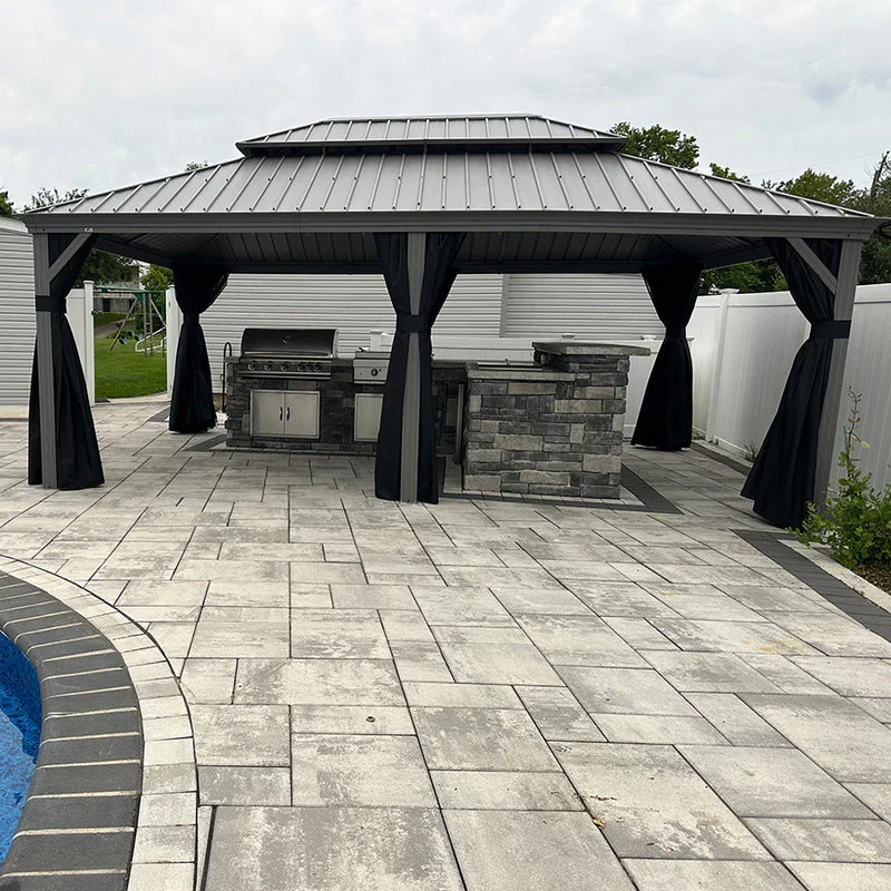 PURPLE LEAF Patio Gazebo for Pool Light Grey Hardtop Galvanized Steel Roof with String Lights-clear