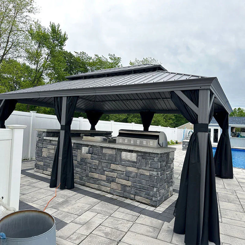 PURPLE LEAF Patio Gazebo for Pool Light Grey Hardtop Galvanized Steel Roof with String Lights-milky