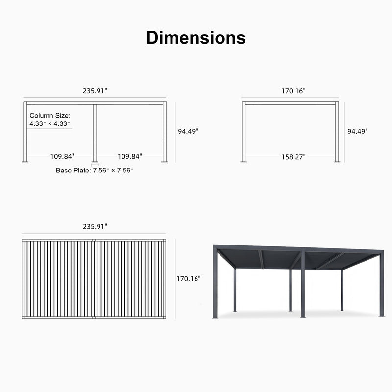 PURPLE LEAF Athena Louvered Pergola Grey Outdoor Aluminum Pergola with Roller Blind Adjustable Gazebo for Patio Deck Garden