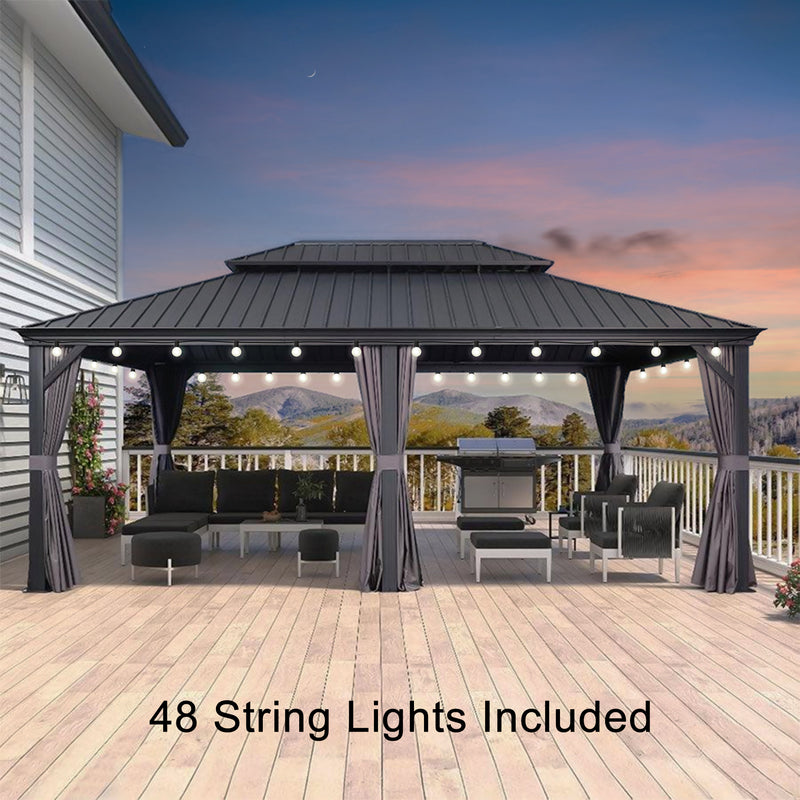 PURPLE LEAF Patio Gazebo for Backyard Grey Hardtop Galvanized Steel Roof Awning String Lights-milky