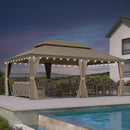 PURPLE LEAF Backyard Gazebo Champagne Hardtop Galvanized Steel Roof Awning and Upgrade Curtain with Lights-milky