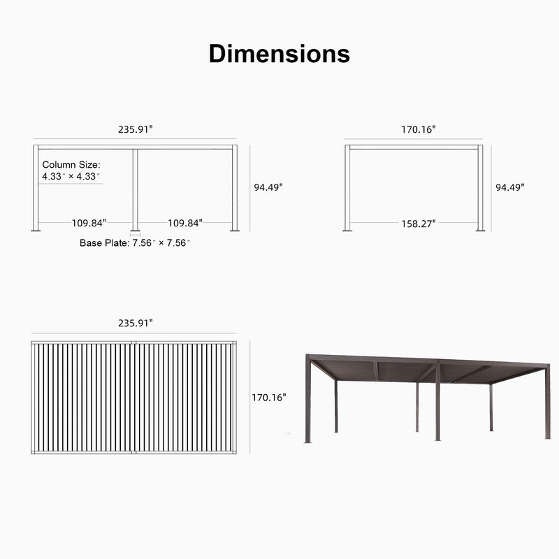 PURPLE LEAF Athena Louvered Pergola Bronze Outdoor Aluminum Pergola with Roller Blind Adjustable Gazebo for Patio Deck Garden