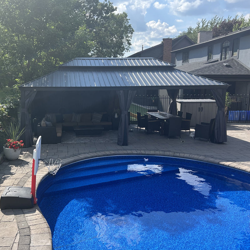 PURPLE LEAF Patio Gazebo for Backyard Grey Hardtop Galvanized Steel Roof Awning with Upgrade Curtain