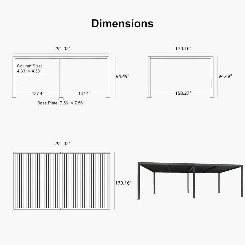 PURPLE LEAF Athena Louvered Pergola Grey Outdoor Aluminum Pergola with Roller Blind Adjustable Gazebo for Patio Deck Garden