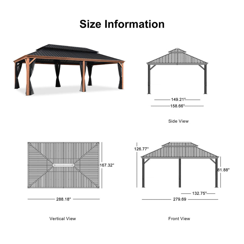 PURPLE LEAF Hardtop Gazebo for Patio Wood Grain Galvanized Steel Frame Awning with Lights