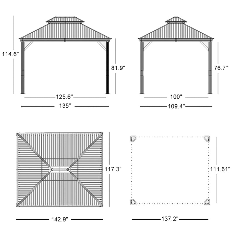 PURPLE LEAF Patio Gazebo for Backyard Grey Hardtop Galvanized Steel Roof Awning with Upgrade Curtain