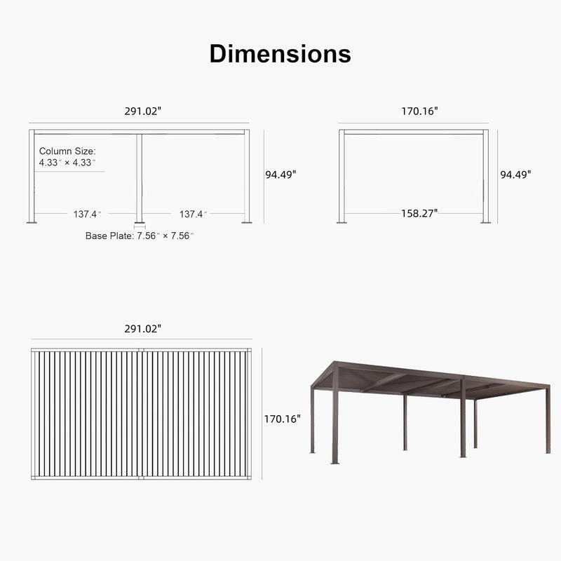 PURPLE LEAF Outdoor Louvered Pergola Adjustable Metal Roof Bronze Hardtop Gazebo Patio Pavilion