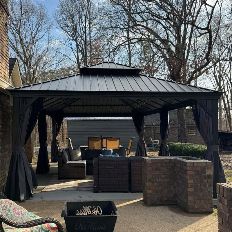 PURPLE LEAF Patio Gazebo for Backyard Grey Hardtop Galvanized Steel Roof Awning String Lights-milky