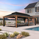 PURPLE LEAF Hardtop Gazebo for Patio Wood Grain Galvanized Steel Frame Awning with Netting