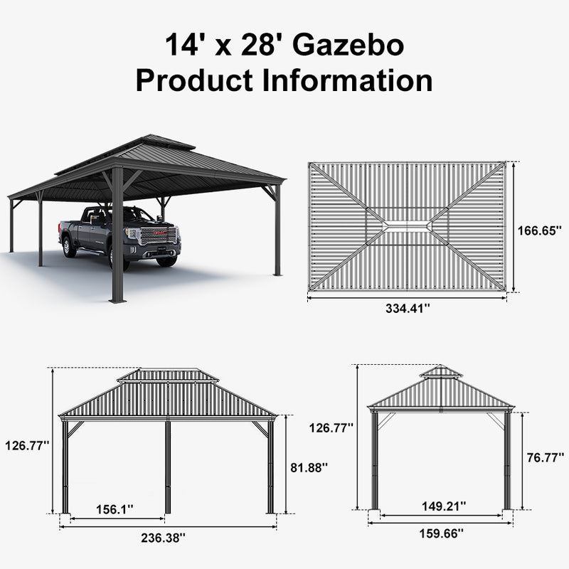 PURPLE LEAF Outdoor Metal Carport Gazebo Grey Steel Roof Aluminum Frame Shelter for Parking