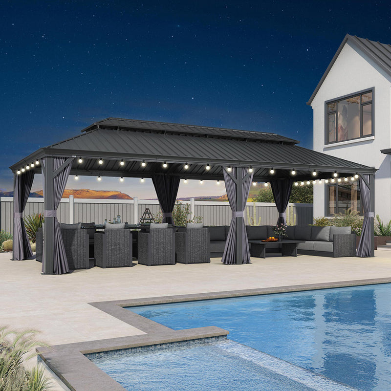 PURPLE LEAF Patio Gazebo for Backyard Grey Hardtop Galvanized Steel Roof Awning String Lights-milky