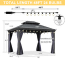 PURPLE LEAF Outdoor Hardtop Gazebo for Patio Grey Aluminum Frame Pavilion with Navy-Blue Curtain and String Lights