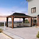 PURPLE LEAF Hardtop Gazebo for Patio Wood Grain Aluminum Frame Awning with Reinforcement Support Rod