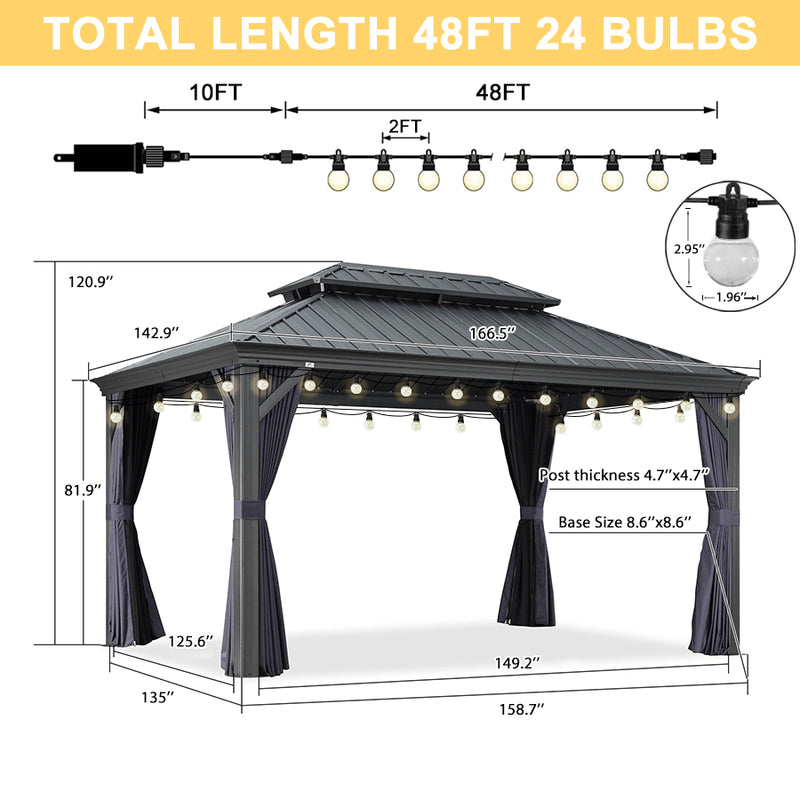 PURPLE LEAF Outdoor Hardtop Gazebo for Patio Grey Aluminum Frame Pavilion with Navy-Blue Curtain and String Lights