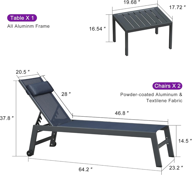 PURPLE LEAF Outdoor Lounge Chair Set of 3 Patio Chaise Pool Lounger Aluminum Frame with Side Table and Wheels for Outside Sunbathing Tanning Recliner Including Pillows
