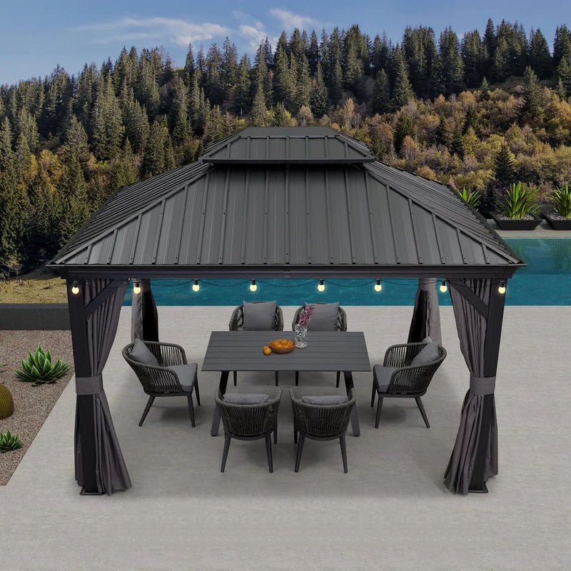 PURPLE LEAF Patio Gazebo for Backyard Grey Hardtop Galvanized Steel Roof Awning with String Lights-clear