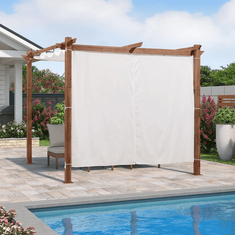 PURPLE LEAF Outdoor Retractable Pergola with Sun Shade Canopy In Natural Wood Grain Frame With Curtains