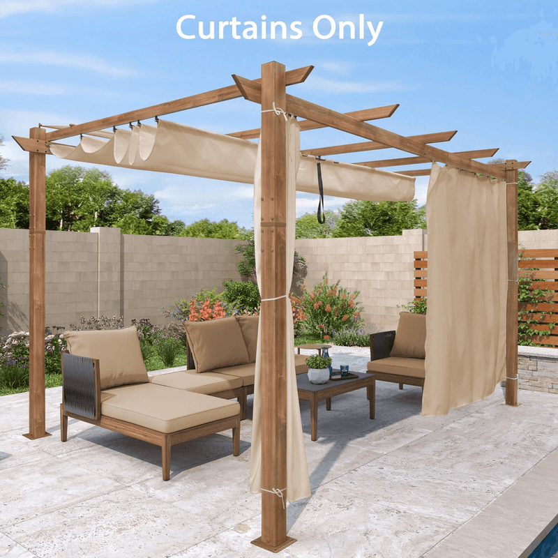 PURPLE LEAF Outdoor Retractable Pergola with Sun Shade Canopy In Natural Wood Grain Frame With Curtains