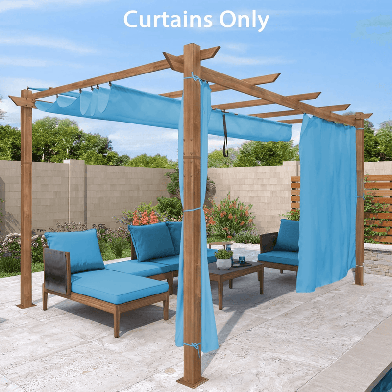 PURPLE LEAF Outdoor Retractable Pergola with Sun Shade Canopy In Natural Wood Grain Frame With Curtains