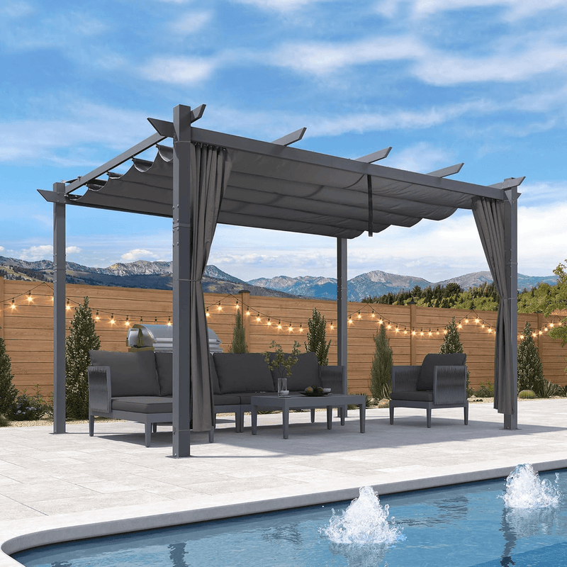 PURPLE LEAF Patio Retractable Pergola with Shade Canopy Modern Grill Gazebo Metal Shelter Pavilion for Porch Deck Garden Backyard With Curtains