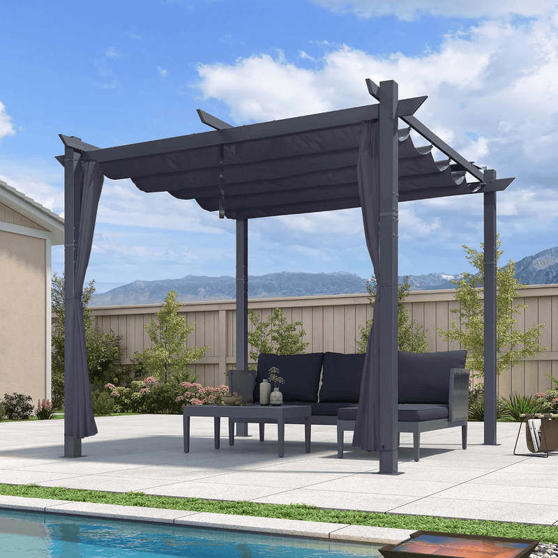 PURPLE LEAF Patio Retractable Pergola with Shade Canopy Modern Grill Gazebo Metal Shelter Pavilion for Porch Deck Garden Backyard With Curtains