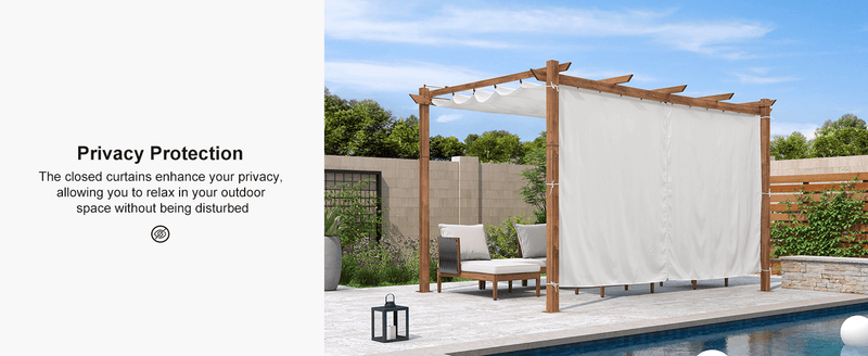 PURPLE LEAF Outdoor Retractable Pergola with Sun Shade Canopy In Natural Wood Grain Frame With Curtains