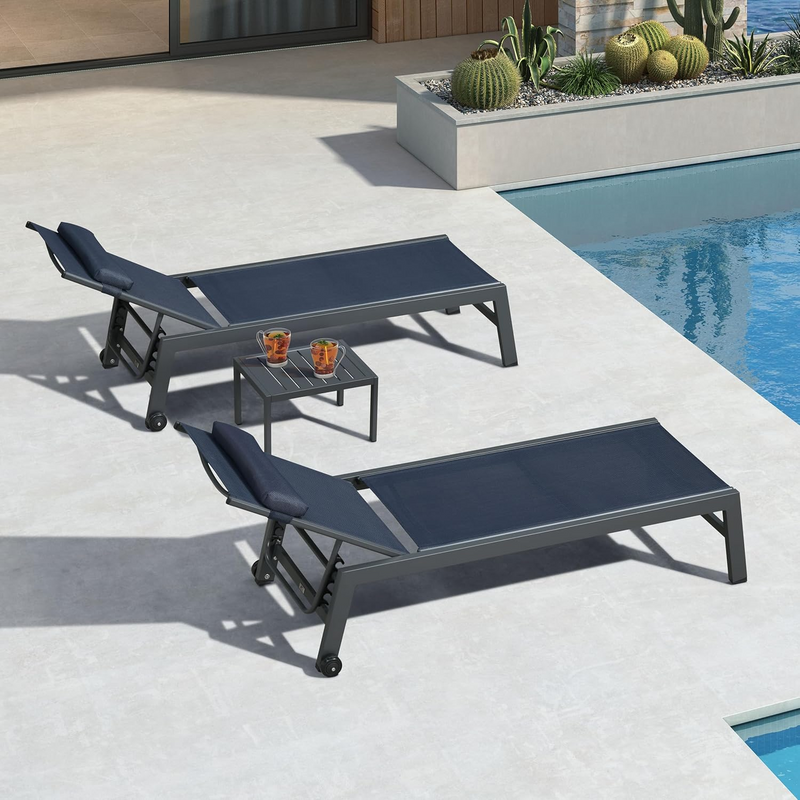 PURPLE LEAF Outdoor Lounge Chair Set of 3 Patio Chaise Pool Lounger Aluminum Frame with Side Table and Wheels for Outside Sunbathing Tanning Recliner Including Pillows