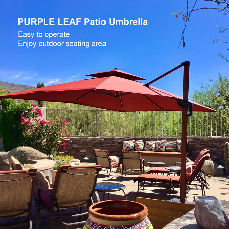 PURPLE LEAF Double Top 9 / 10 / 11 / 12 ft Square Aluminum Sun Umbrellas in Wood Color