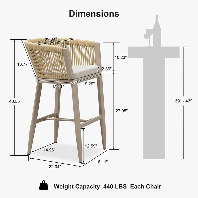 PURPLE LEAF Bar Stools Set of 2 Rattan Bar Stools with Cushions AluminumBar Chairs for Outdoor or Indoor Kitchen Bar Stools