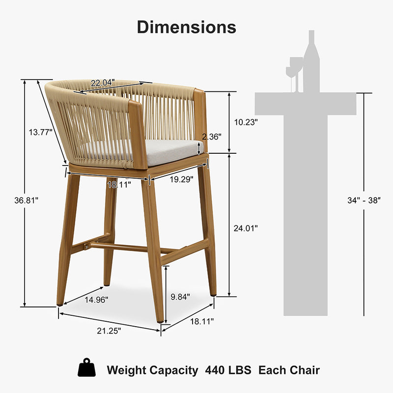 PURPLE LEAF Bar Stools Set of 2 Rattan Bar Stools with Cushions AluminumBar Chairs for Outdoor or Indoor Kitchen Bar Stools