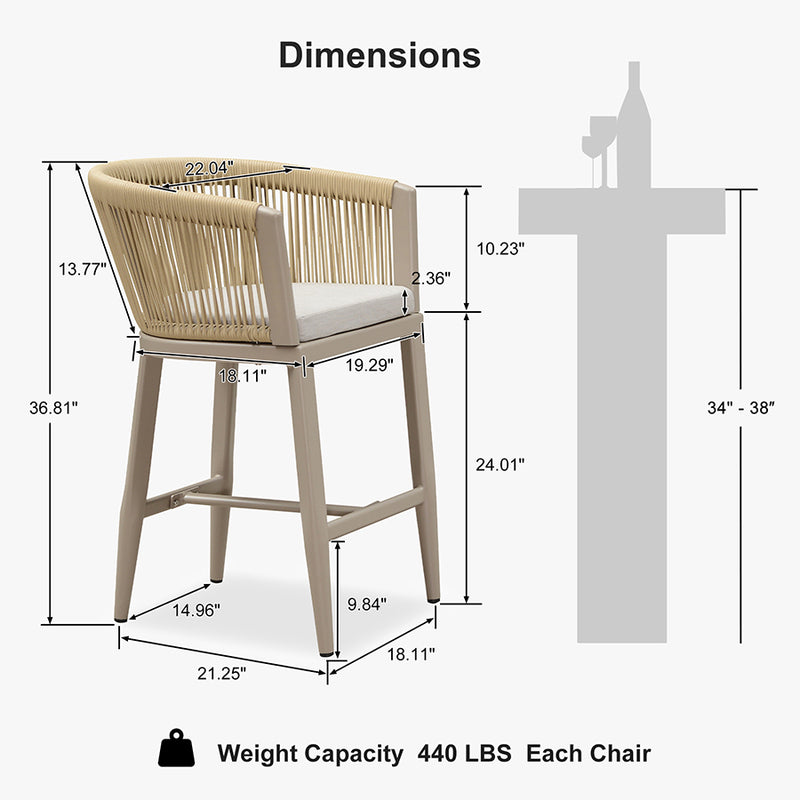 PURPLE LEAF Bar Stools Set of 2 Rattan Bar Stools with Cushions AluminumBar Chairs for Outdoor or Indoor Kitchen Bar Stools