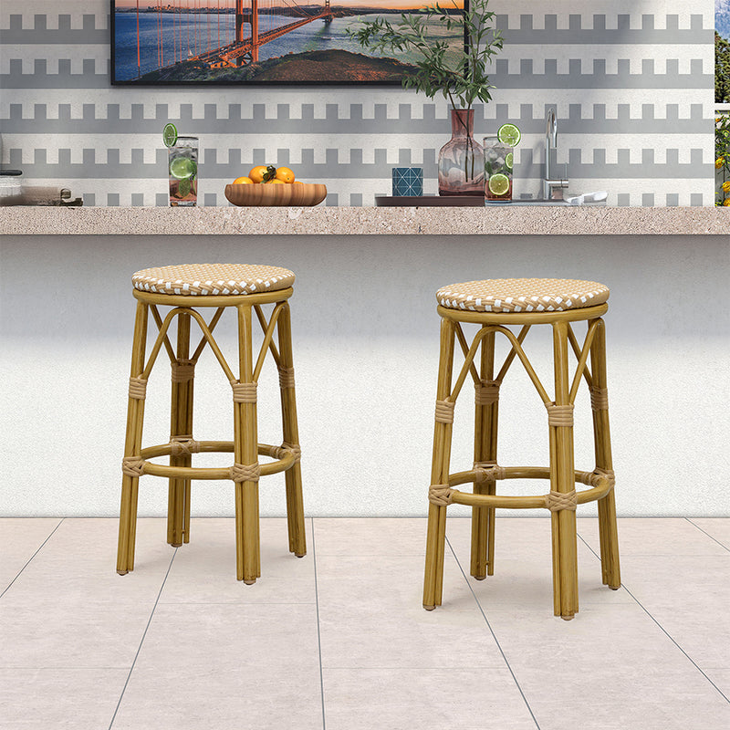 PURPLE LEAF Patio Round Bar Stools Set of 2 Outdoor Backless Barstools Woven Rattan Bar Chair  for Indoor Kitchen Island Bistros Cafe Restaurant