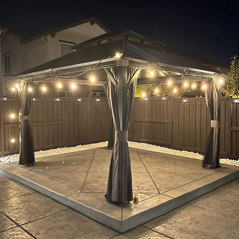 PURPLE LEAF Grey Hardtop Gazebo with Heavy Duty Galvanized Steel Double Roof with String Lights